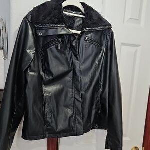 Jou Jou1 X Classic Black Faux Leather Jacket with Sherpa Collar